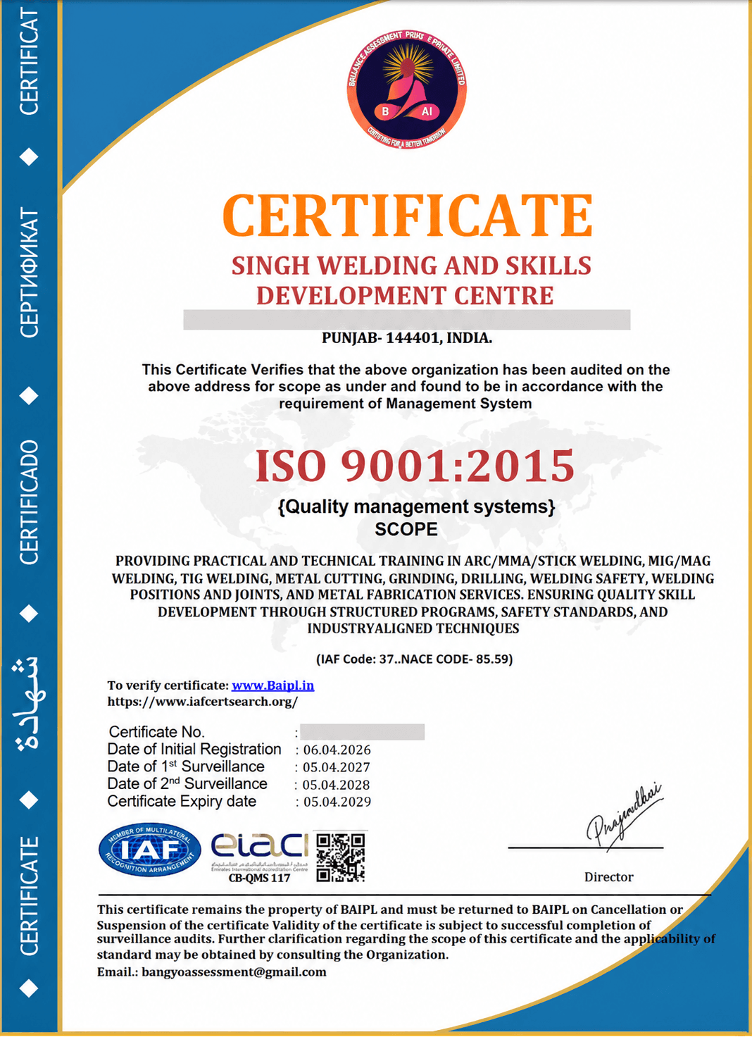 ISO IAF Certificate - Singh Welding and Skills Development Centre